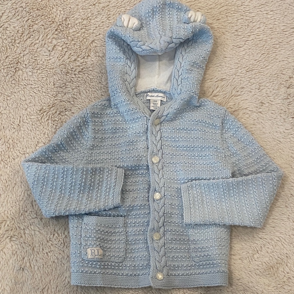 Ralph Lauren Baby Blue Bear Ear Hooded Knit Cardigan 24 Months